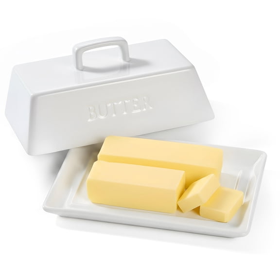 Kook Ceramic Extra Large Butter Dish with Lid, Embossed, White