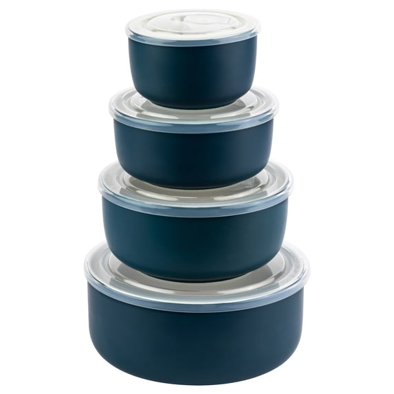 Kook Ceramic Nesting Bowls with Lids, Set of 4, Navy Blue