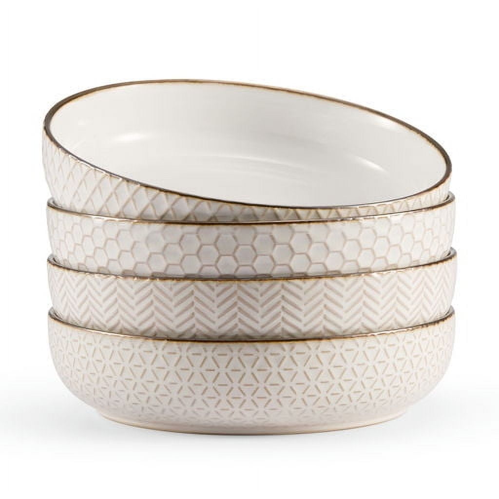 Cream and Copper Embossed Ceramic Pasta Bowls, 40 oz, Set of 4