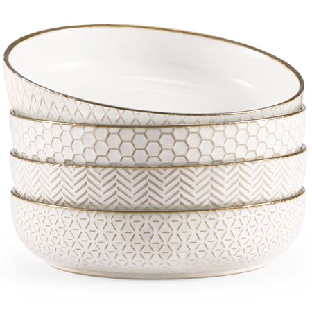 Kook Ceramic Pasta Bowls, 40 oz, Set of 4, Cream/Copper, Narbonne Collection
