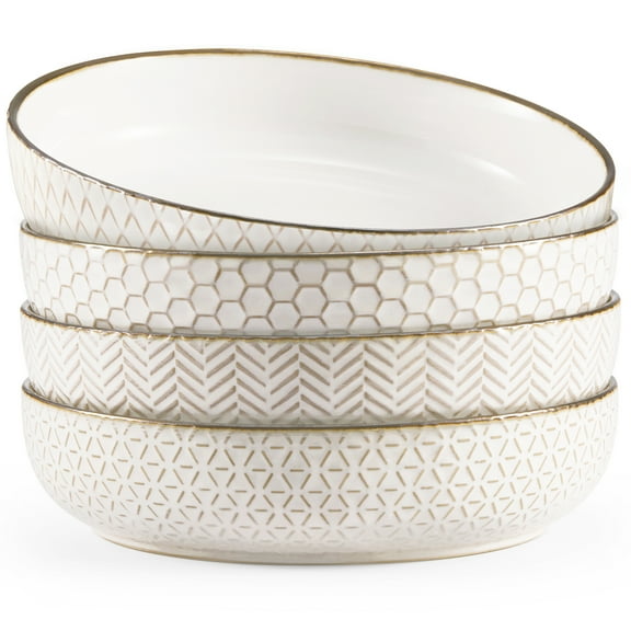 Kook Ceramic Pasta Bowls, 40 oz, Set of 4, Cream/Copper, Narbonne Collection