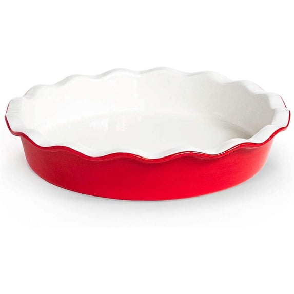 Kook Ceramic Round Pie Pan, Deep Baking Dish, Wave Edge, 10-Inch,