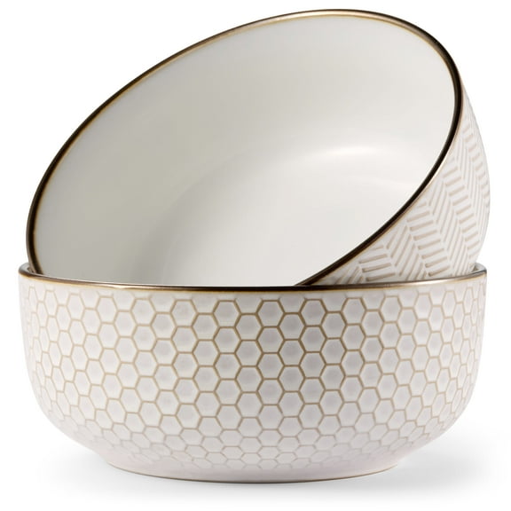 Kook Ceramic Salad Bowls, 60 oz, Set of 2, Cream/Copper, Narbonne Collection