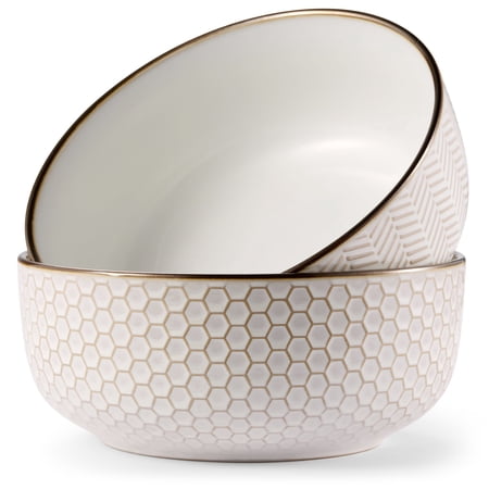 Kook Ceramic Salad Bowls, 60 oz, Set of 2, Cream/Copper, Narbonne Collection