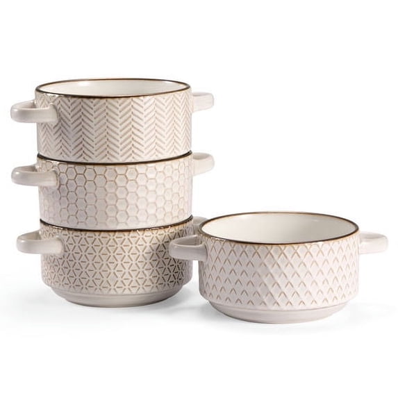 Kook Ceramic Soup Bowls with Handles, 26.5 oz, Set of 4, Cream/Copper, Narbonne Collection