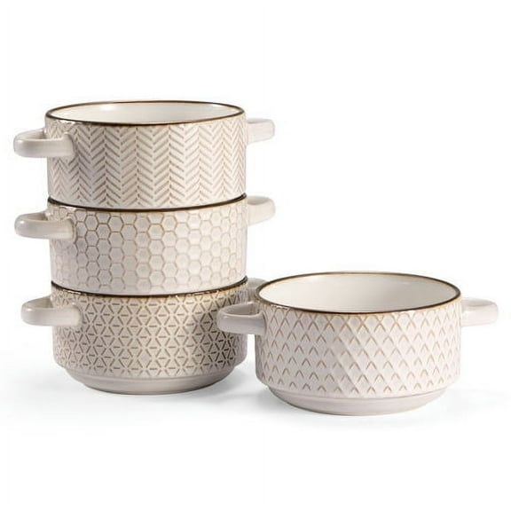 Kook Ceramic Soup Bowls with Handles, 26.5 oz, Set of 4, Cream/Copper, Narbonne Collection