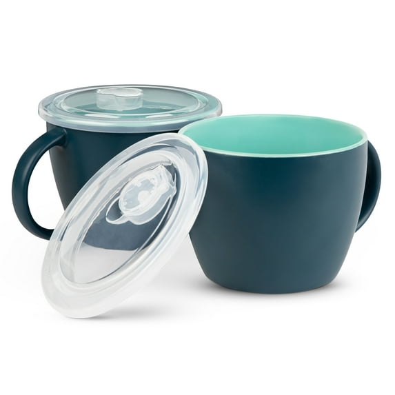 Kook Ceramic Soup Mugs, with Handle and Vented Plastic Lid, Set of 2
