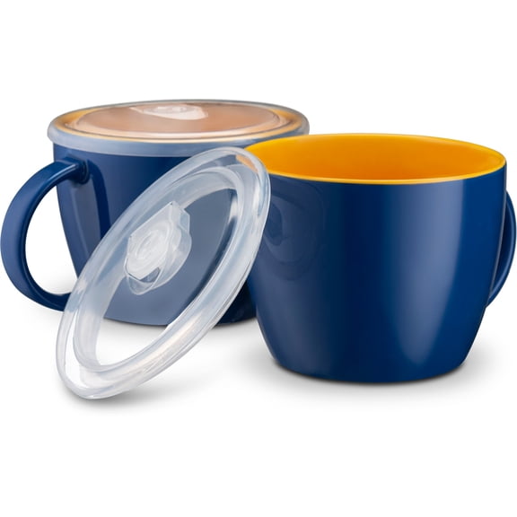 Kook 25-Oz Soup Cup Travel Mug with Handle & Microwave Lid, Set of 2 Blueberry & Orange
