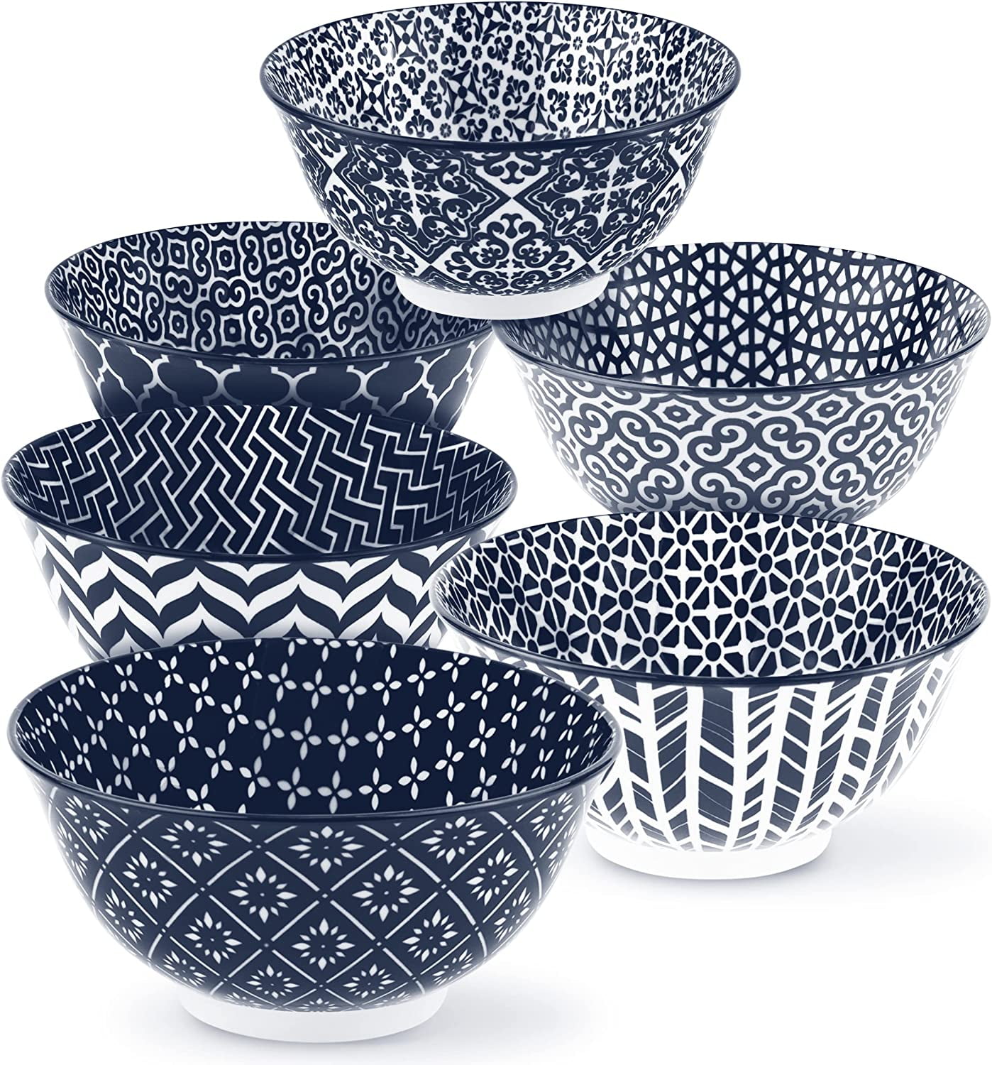 Kook Cereal Bowls Ceramic Designs, 18 Oz, Set of 6, Blue