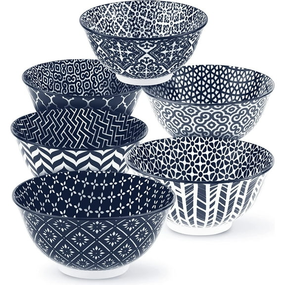 Kook Cereal Bowls Ceramic Designs, 18 Oz, Set of 6, Blue