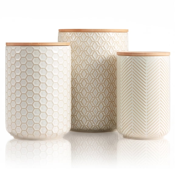 Kook Embossed Ceramic Storage Jars with Bamboo Lids, Set of 3, Narbonne Collection