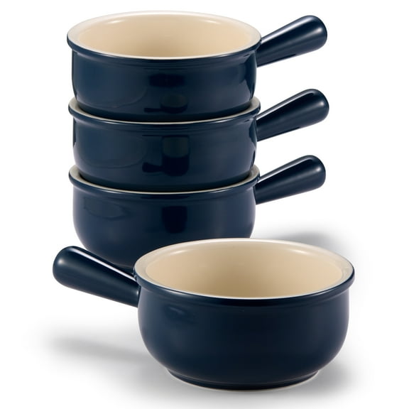 Kook French Onion Soup Crock Ceramic Bowls 4-Piece Stoneware Kitchen Set, Navy Blue