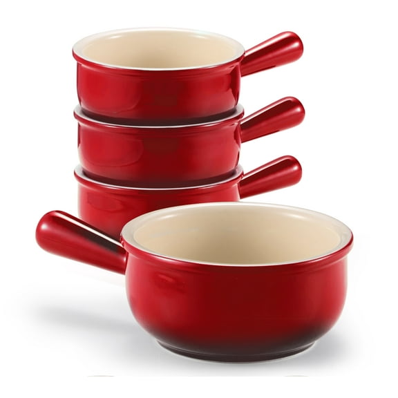 Kook French Onion Soup Crock Ceramic Bowls 4-Piece Stoneware Kitchen Set, Red Ombre
