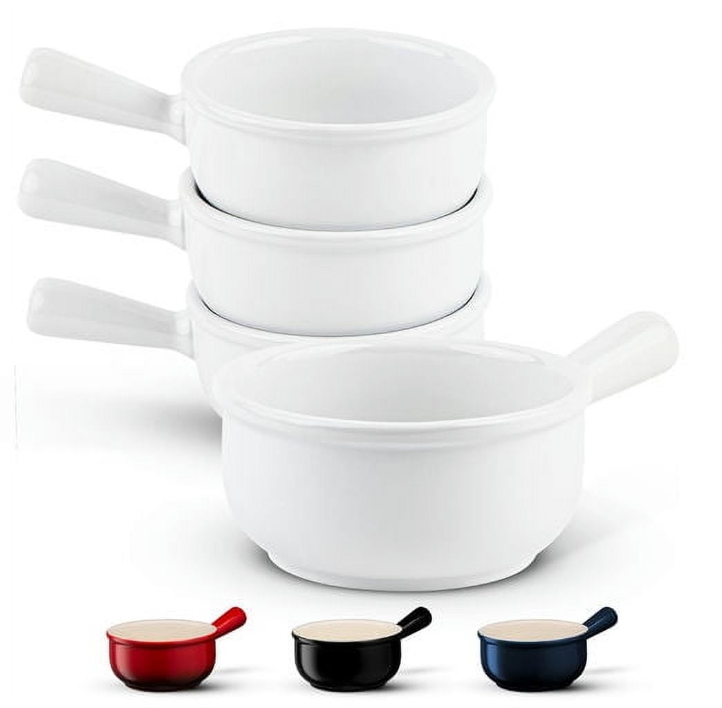 White Ceramic French Onion Soup Crocks with Handles, Set of 4