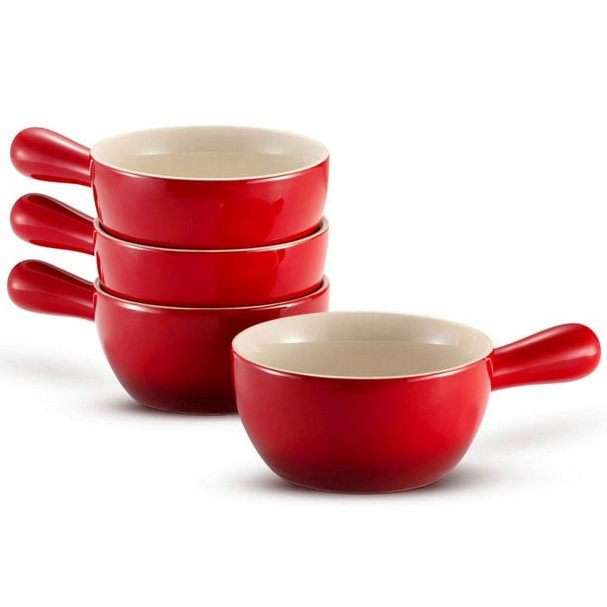 Crimson Ombre Ceramic Soup and Cereal Bowls with Handles, Set of 4