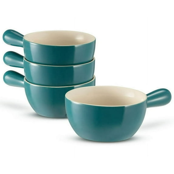 Kook French Onion Soup Crocks, Stackable Ceramic Bowls with Handles, Broil, Oven, Microwave and Dishwasher Safe, for Cereal, Soups, Casseroles, with Handle, 24 Oz, Set of 4, Teal Ombre