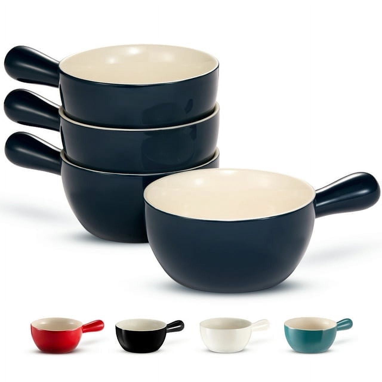 Soup Bowls With Handles, Set Of 4 - 20 Oz Ceramic French Onion Soup Crocks, Oven & Microwave Safe, Stackable, Blue