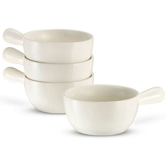 Kook French Onion Soup Crocks, Stackable Ceramic Bowls with Handles, Oven, Microwave and Dishwasher Safe, for Cereal, Soups, Casseroles, with Handle, Stoneware, 24 oz, Set of 4, White