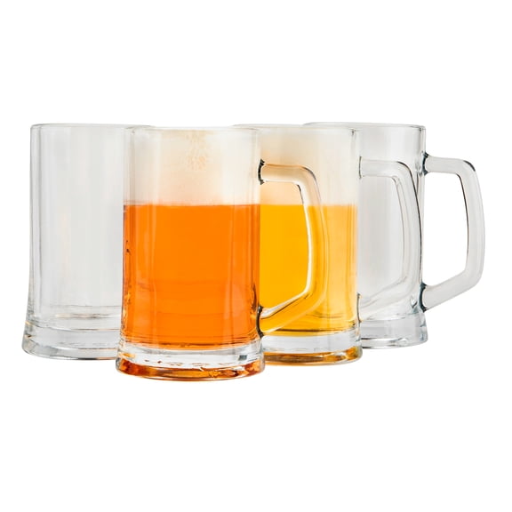 Kook Glass Beer Mugs, 12 oz, Clear, Set of 4