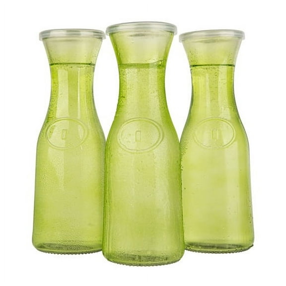 Kook Glass Carafe Pitchers, Beverage Dispensers, 35 Oz, Set of 3, Lime Green