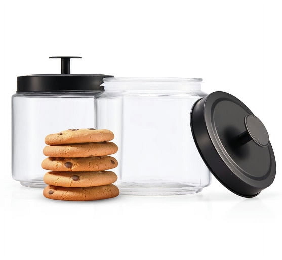 Clear Glass Round Kitchen Canister Set with Black Lids, 50 oz, Set of 2