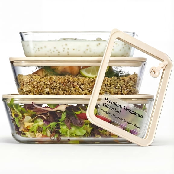 Kook Glass Storage Container Set, with Lids, Rectangular, Clear/Sand, Set of 3, (23.6 / 50.3 / 80 oz)