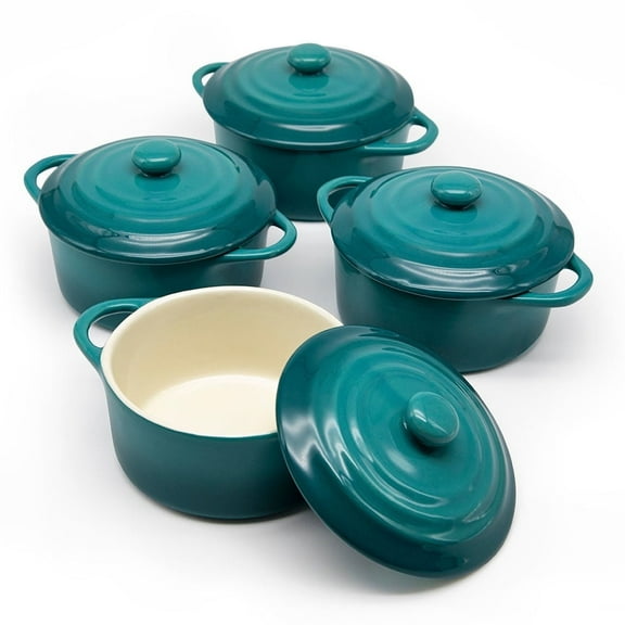 Kook Ceramic Mini Cocotte Set, 12 Oz, Set of 4, Aqua Ombre