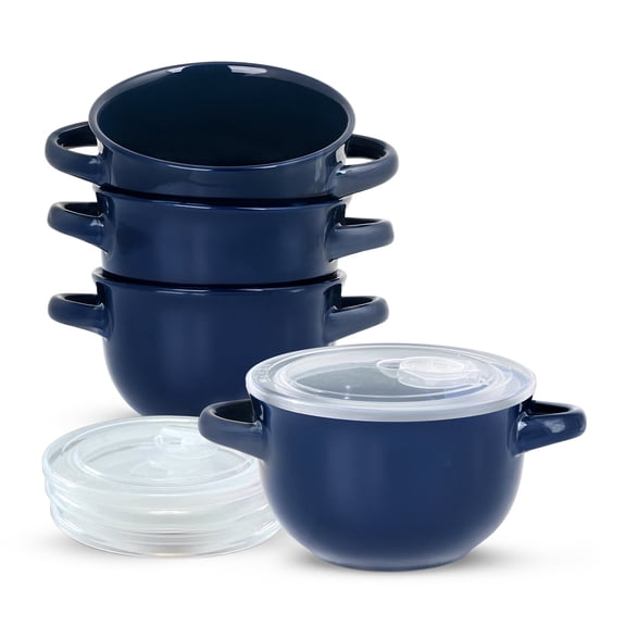 Kook Soup Bowls Crocks with Handles, 18 oz, Set of 4, Blue