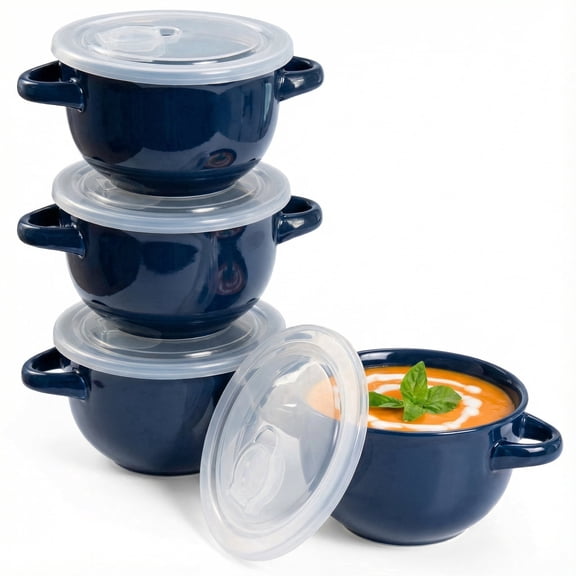 Kook Soup Bowls Crocks with Handles, 18 oz, Set of 4, Blue