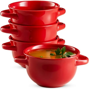 Soup Crocks with Handles, Ceramic Make, Great for Chili, Soup, by KooK, 22oz, Set of 4 (red)