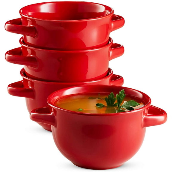 Kook Soup Bowls Crocks with Handles, 18 oz, Set of 4, Red