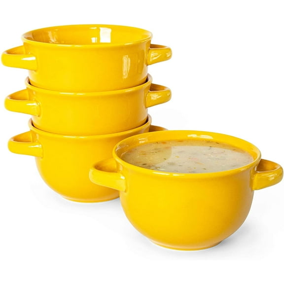 Kook Soup Bowls Crocks with Handles, 18 oz, Set of 4, Yellow