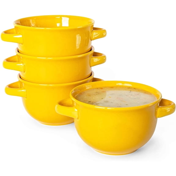 Kook Soup Bowls Crocks with Handles, 18 oz, Set of 4, Yellow