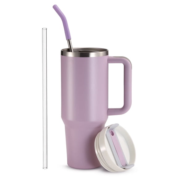 Kook Stainless Steel Tumbler, with Straw and Handle, 40 oz, Lilac