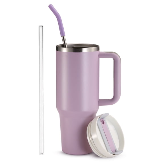 Kook Stainless Steel Tumbler, with Straw and Handle, 40 oz, Lilac