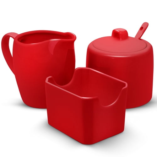 Kook Sugar and Creamer Set Sugar Bowl with Lid and Spoon, 3 pieces, Red