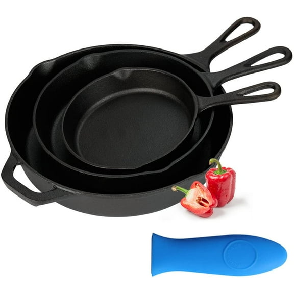 Kookantage Cast Iron Skillet Pre-Seasoned Cookware-6", 8", 10" Pans 3 Piece Set Heavy Duty Professional Chef Tools with Silicone Hot Handle Holder