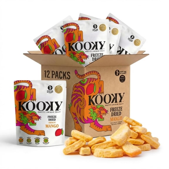 Kooky Freeze Dried Mango 12 Pack Tropical Fruit Snacks (12g Each) | Premium Thai Nam Dok Mai Mango Bites | Naturally Sweet, Crispy & Vegan | Healthy Lunchbox & On-the-Go Snack