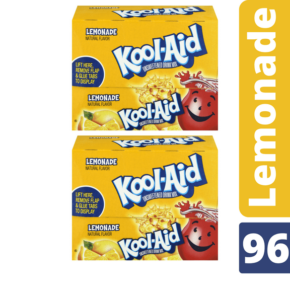 Kool-Aid Artificially Flavored Lemonade Unsweetened Powdered Drink Mix No Caffeine 2 Big Box Bundle 48 Packets Each Box, 0.23 oz., 96 (Packets)