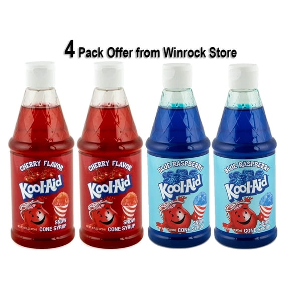 Kool-Aid Blue Raspberry Snow Cone Syrup, 16 fl oz AND Kool-Aid Cherry Snow Cone Syrup, 16 oz – Classic Flavor for Shaved Ice & Nostalgia Snow Cone Makers (4 Bottles)