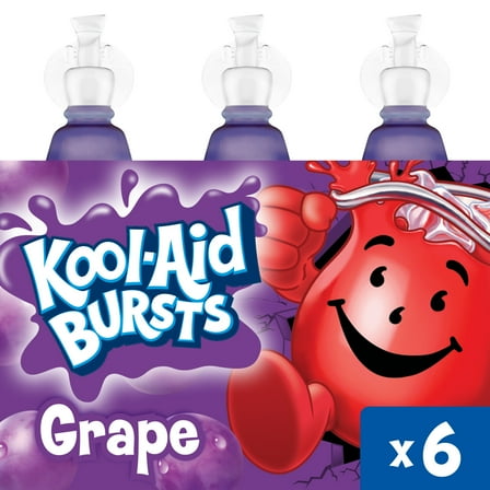 Kool-Aid Bursts Soft Drink, 6 Bottles, for School Lunches and On-the-Go Hydration, artificial flavor Grape, Caffeine Free, 6.75 oz