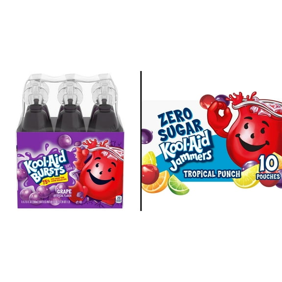 Kool-Aid Bursts Grape Soft Drink 6.75 oz 6 pk & Kool-Aid Jammers Zero Sugar Tropical Punch 10 pk 6 oz