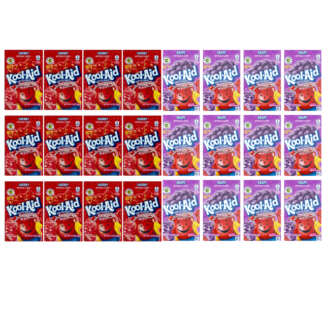 Kool Aid CHERRY AND GRAPE FLAVORS FUN PACKS Unsweetened Beverage 24 Packets