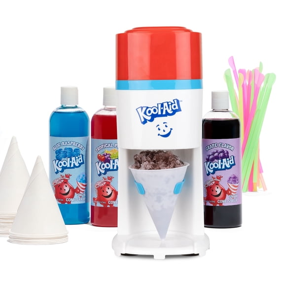 Kool-Aid Snow Cone Maker Party Kit, (3) 16oz Flavored Syrups, 20 Cones and Spoon Straws, Bomb Pop
