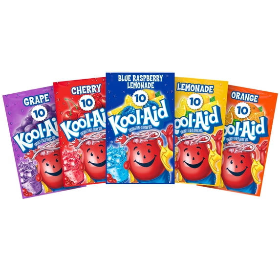 Kool-Aid Grape, Orange, Cherry, Lemonade & Blue Raspberry Lemonade Unsweetened Powdered Soft Drink Mix Variety Pack, 50 ct Packets