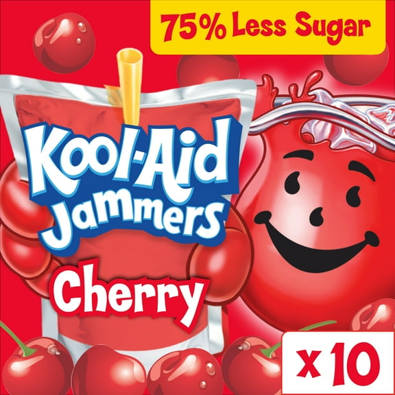 Kool-Aid Jammers Artificially Flavored Drink, 10 Pouches, for School Lunches and On-the-Go Hydration, Cherry Flavor, Excellent Source of Vitamin C, 6 fl oz