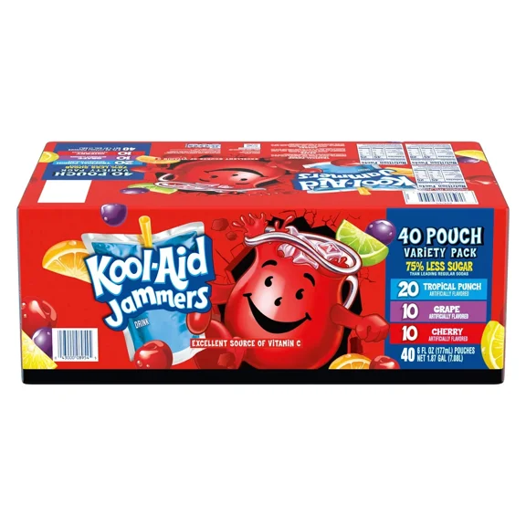 Kool-Aid Jammers Tropical Punch Variety Pack  40 Pouches  6 oz Each  Reduced Sugar Kids Drink Pouches