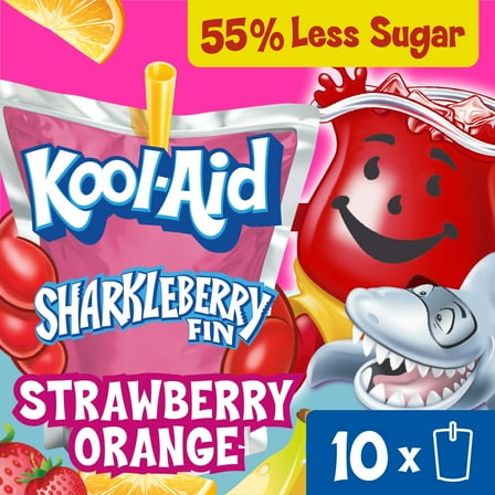 Kool-Aid Jammers Artificially Flavored Drink, 10 Pouches, for School Lunches and On-the-Go Hydration, Sharkleberry Fin Strawberry Orange Punch Flavor, Excellent Source of Vitamin C, 6 fl oz