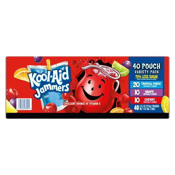 Kool-Aid Jammers Tropical Punch, Grape & Cherry Artifically Flavored Soft Drink Variety Pack, 40 ct Box, 6 fl oz Pouches
