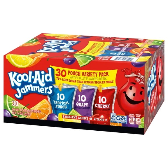 Kool-Aid Jammers Tropical Punch, Grape & Cherry Flavored 0% Juice Drink Variety Pack, 30 ct Box, 6 fl oz Pouches